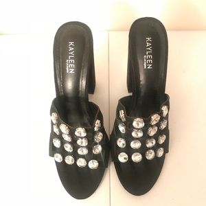 Black Peep-Toe Rhinestone Heeled Mule